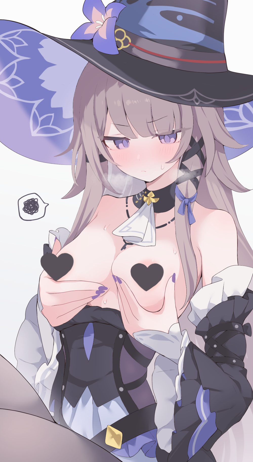 hone kawa, herta (honkai: star rail), the herta (honkai: star rail), honkai: star rail, honkai (series), commentary request, highres, partial commentary, revision, variant set, 1girl, alternate breast size (larger), areola slip, armpit crease, ascot, bare shoulders, black collar, black corset, black dress, black hat, black pantyhose, black sleeves, blush, breast focus, breasts, breasts out, brown hair, buttons, censored, closed mouth, collar, corset, detached collar, detached sleeves, dress, embarrassed, fingernails, flaired sleeves, flower, frilled sleeves, frills, grabbing own breast, hair ornament, hair over shoulder, hair ribbon, hands up, hat, hat flower, hat ribbon, heart, heart censor, jewelry, key, key necklace, long hair, medium breasts, nail polish, necklace, nervous, no nose, pantyhose, puffy sleeves, purple eyes, purple hat, purple nails, purple ribbon, red ribbon, ribbon, simple background, solo, spoken squiggle, squiggle, steam, steaming body, sweat, sweatdrop, white ascot, white background, white sleeves, wide brim, witch hat, x hair ornament