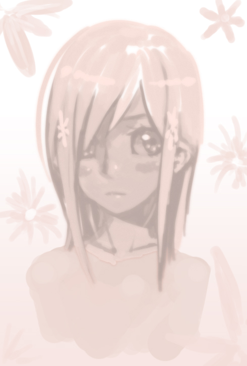 koiso shuuhei, lucy maria misora, to heart (series), to heart 2, 00s, 1girl, blush, closed mouth, collarbone, female focus, frown, looking at viewer, monochrome, pink theme, simple background, solo, topless frame, upper body, white background