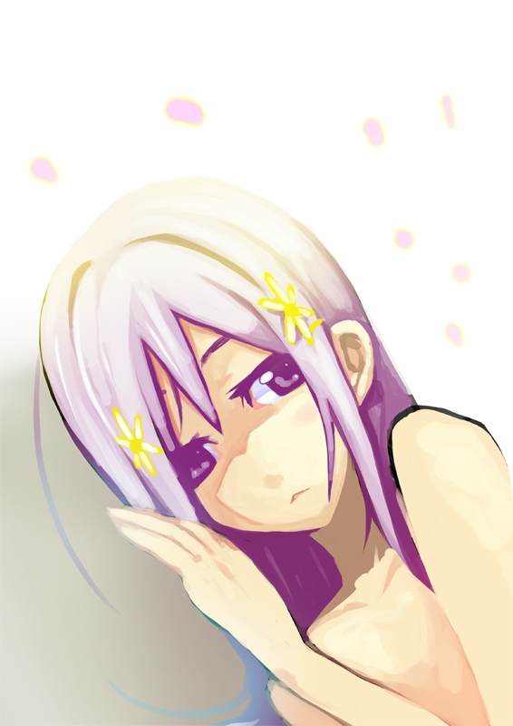 koiso shuuhei, lucy maria misora, to heart (series), to heart 2, 00s, 1girl, female focus, flower, hair flower, hair ornament, nude, petals, purple eyes, purple hair, sad, solo