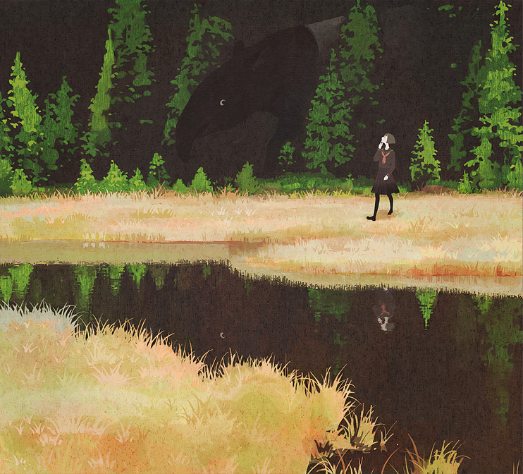 kumaori jun, original, 1girl, animal, female focus, nature, oversized animal, scenery, school uniform, serafuku, solo, tapir, walking