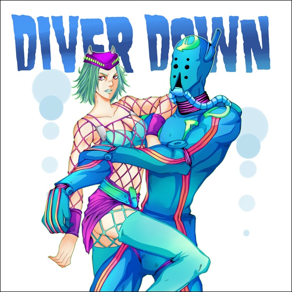 shiemasu, suma, diver down (stand), narciso anasui, jojo no kimyou na bouken, stone ocean, bad id, bad pixiv id, 1girl, belt, border, fishnets, genderswap, genderswap (mtf), green hair, green lips, hat, holding, horns, lipstick, makeup, purple eyes, skirt, stand (jojo), thighhighs, wristband