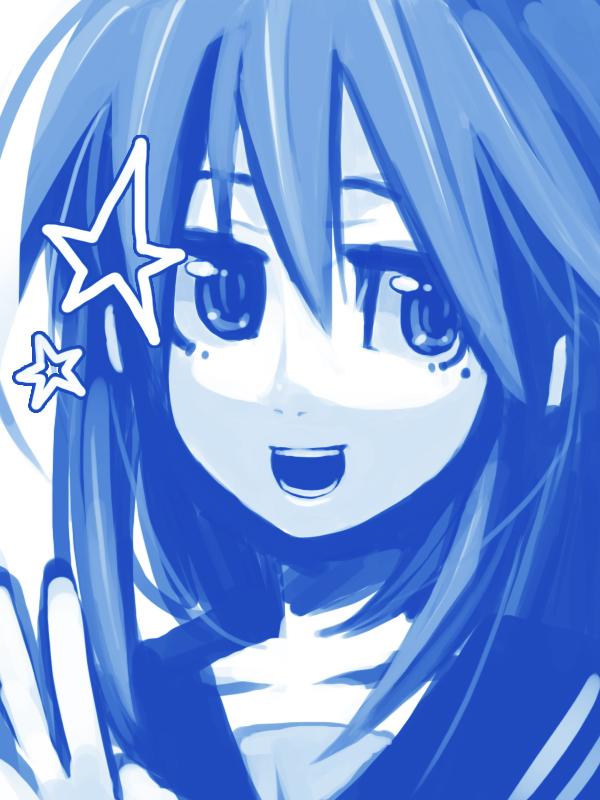 koiso shuuhei, izumi konata, lucky star, 00s, 1girl, blue theme, female focus, mole, mole under eye, monochrome, solo
