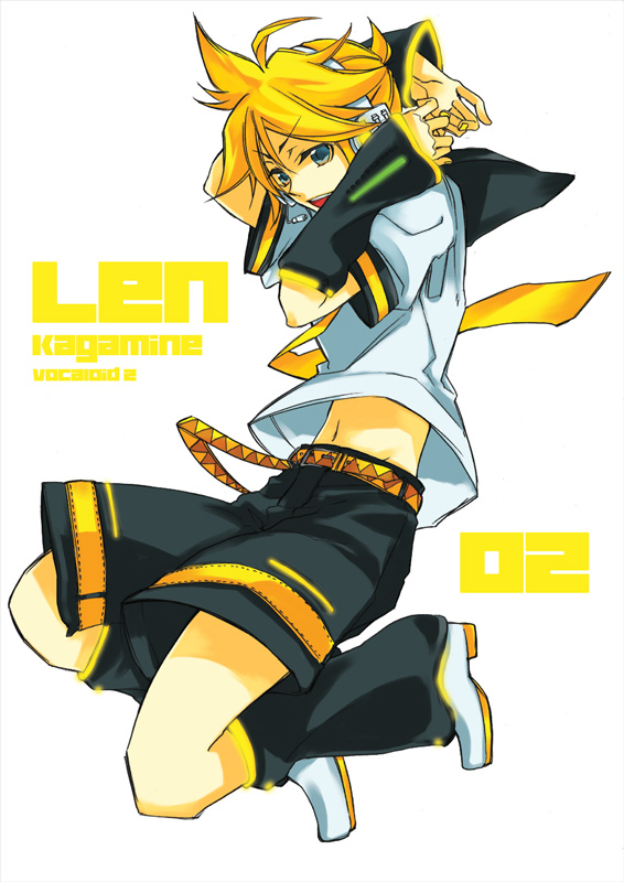 jam3, kagamine len, vocaloid, 1boy, arms up, blonde hair, blue eyes, full body, headset, jumping, leg warmers, male focus, sailor collar, school uniform, serafuku, shirt, shoes, shorts, simple background, solo, white background