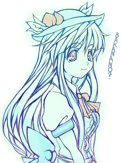 hase nanase, hinanawi tenshi, touhou, 1girl, female focus, food, fruit, gradient background, hat, leaf, long hair, peach, solo