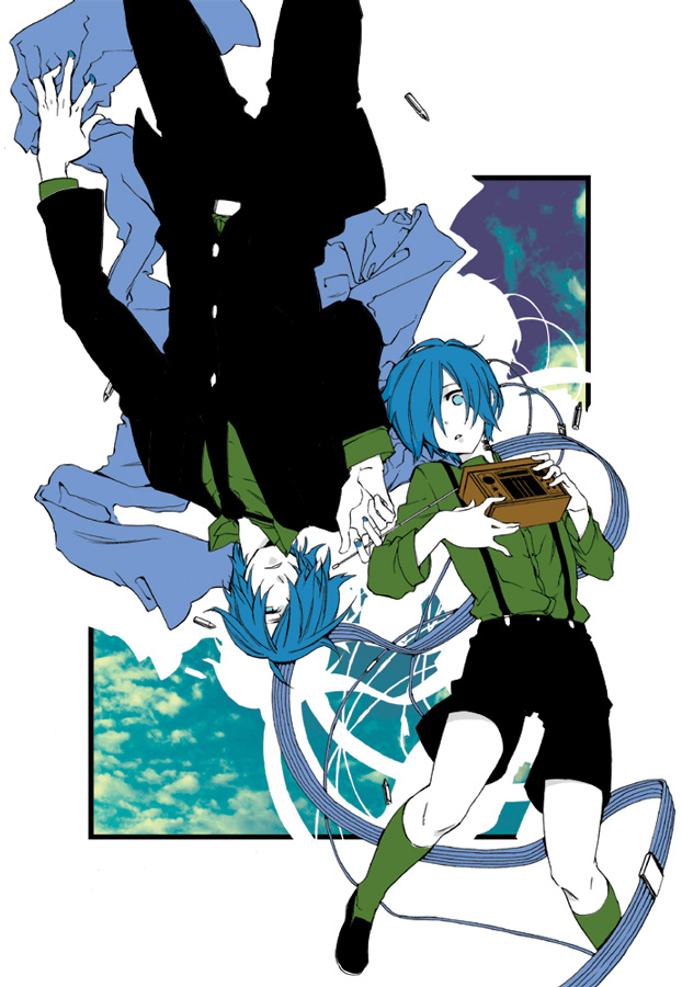 jam3, kaito (vocaloid), old radio (vocaloid), vocaloid, 2boys, aged down, blue scarf, child, cloud, dual persona, lying, male focus, multiple boys, radio, scarf, sky, time paradox