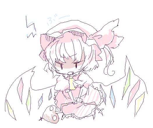 shiina aya, flandre scarlet, touhou, 1girl, blouse, chibi, female focus, hat, mob cap, monochrome, oekaki, pink theme, shirt, solo, spot color, white shirt