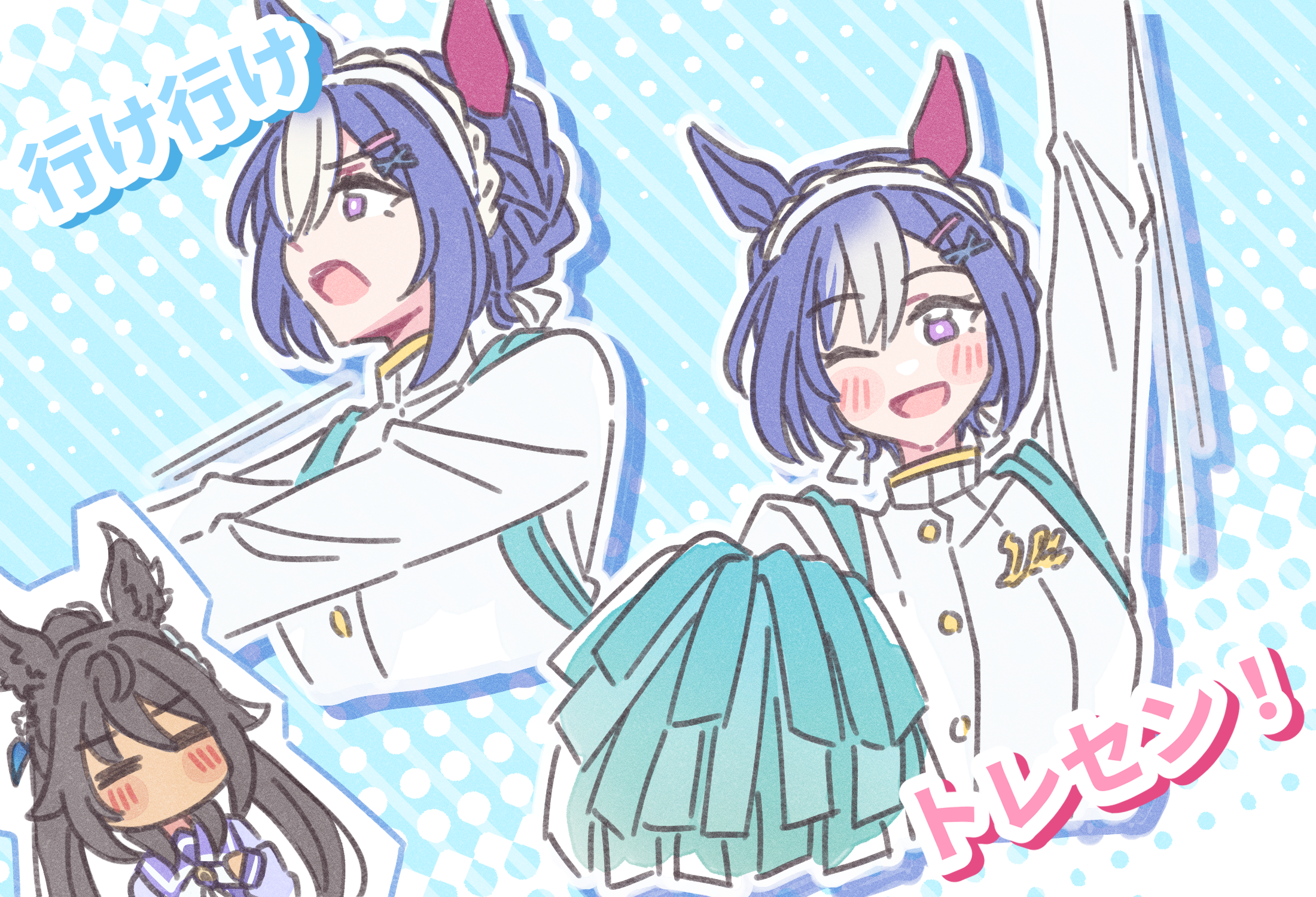 akamirai, cesario (umamusume), symboli kris s (umamusume), umamusume, commentary request, highres, 2girls, alternate costume, blue hair, braid, breasts, hair between eyes, hair ornament, hairclip, horse girl, long hair, looking at viewer, medium breasts, medium hair, multiple girls, one eye closed, pom pom (cheerleading), purple eyes, school uniform, tracen school uniform