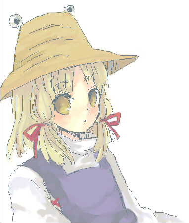 shiina aya, moriya suwako, touhou, lowres, 1girl, blonde hair, female focus, hair ribbon, hat, ribbon, simple background, solo, upper body, white background, yellow eyes