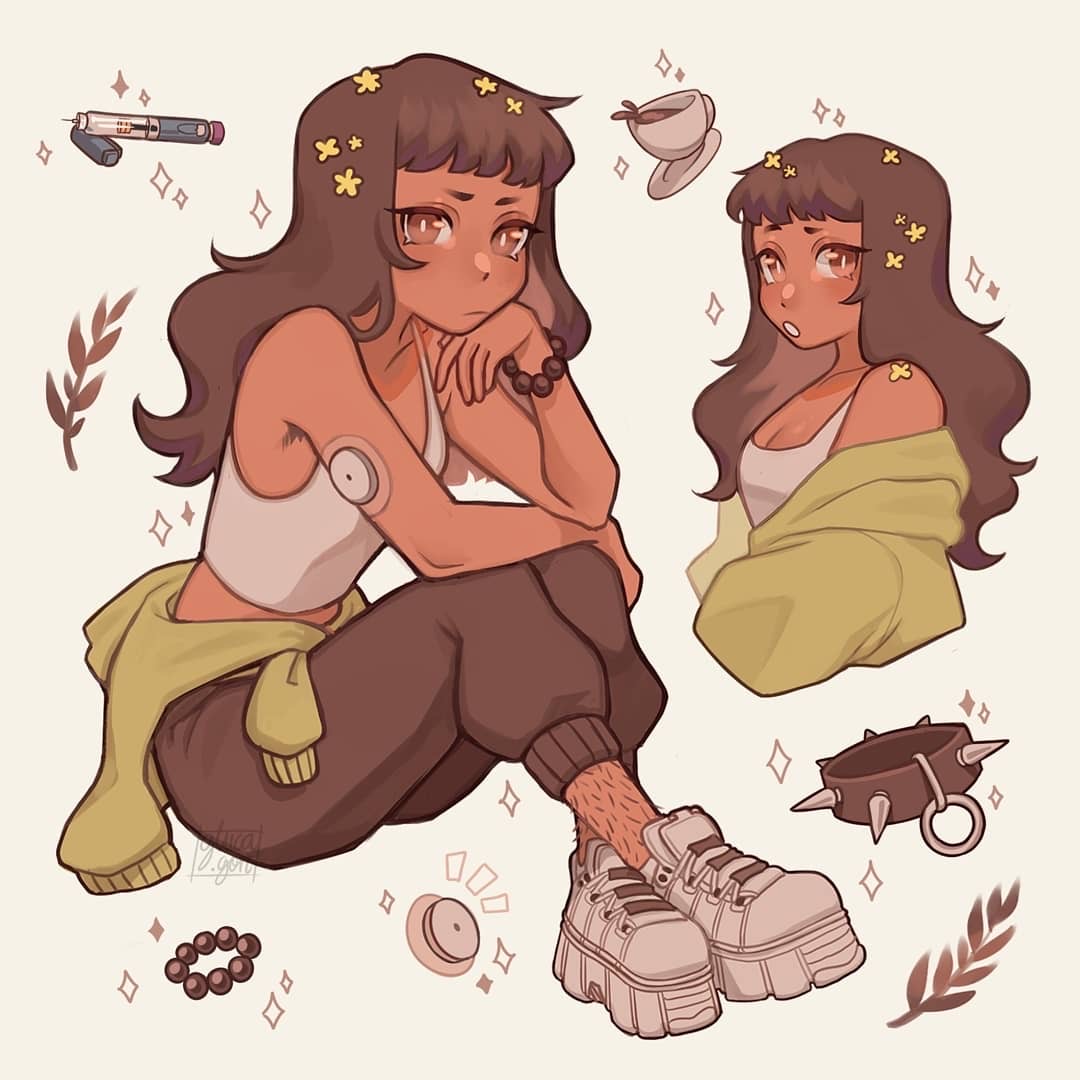 original, commentary, commentary request, english commentary, 1girl, autoinjector, bandages, bead bracelet, beads, bracelet, breasts, brown eyes, brown hair, cleavage, clothes around waist, collar, crossed legs, cup, dark-skinned female, dark skin, gluca, green hood, head rest, jewelry, leg hair, midriff, raised eyebrows, shoes, short eyebrows, sitting, small breasts, sneakers, spiked collar, spikes, sweater, sweater around waist, syringe, tank top, teacup, unworn collar, white shoes, white tank top
