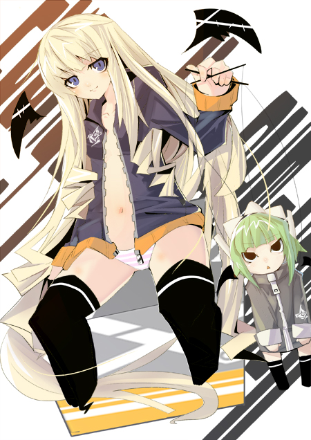 chachazero, evangeline a.k. mcdowell, mahou sensei negima!, black legwear, 00s, 2girls, blonde hair, blush, brown eyes, doll, flat chest, green hair, long hair, multiple girls, navel, no bra, panties, string, striped clothes, striped panties, thighhighs, underwear, unzipped, vampire, very long hair, white background, zettai ryouiki, zipper