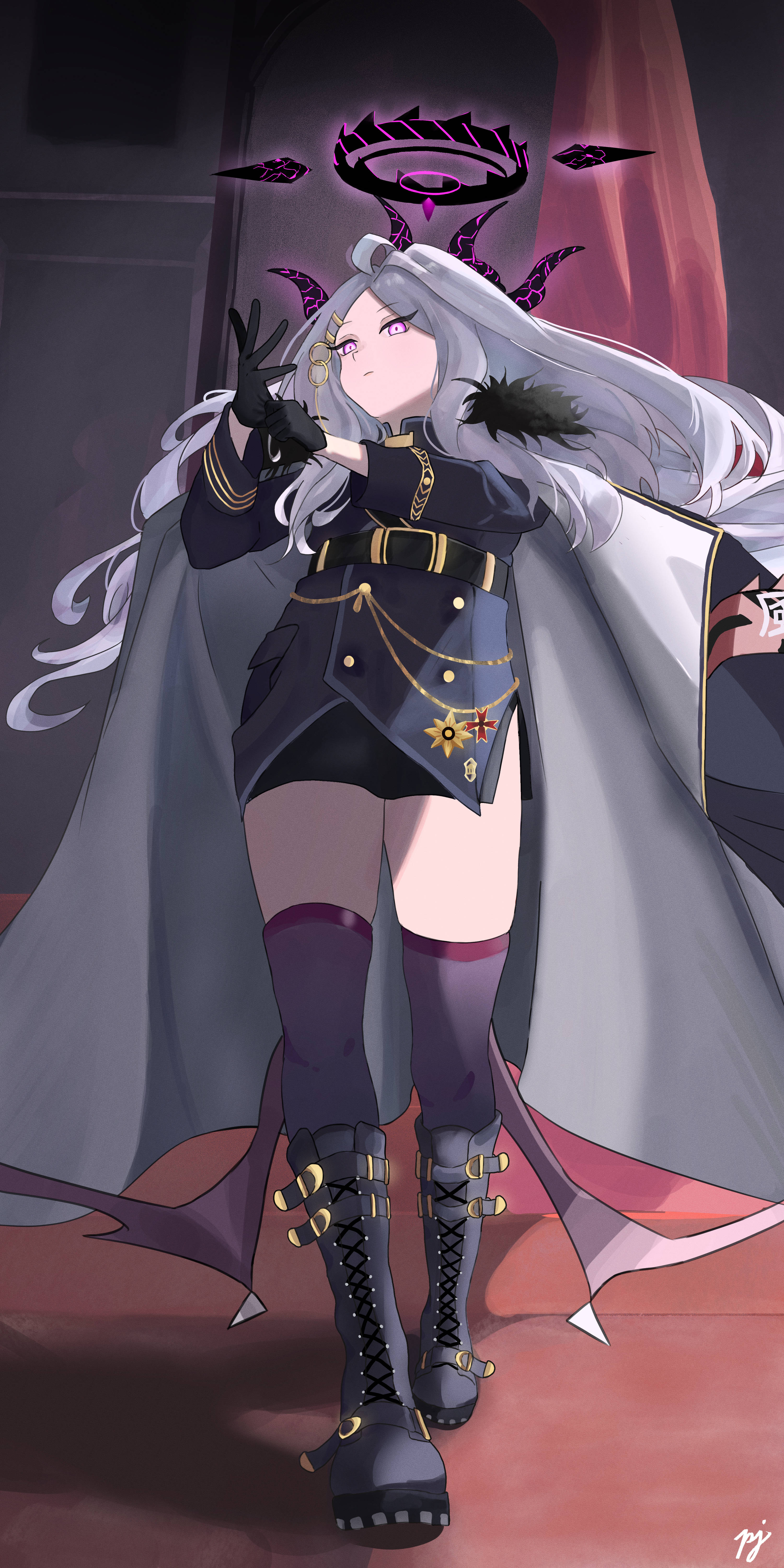 eins (pj eins), hina (blue archive), blue archive, absurdres, highres, 1girl, armband, black coat, black gloves, black halo, black skirt, black thighhighs, breasts, coat, coat on shoulders, demon girl, demon horns, demon wings, gloves, halo, horns, indoors, looking at viewer, low wings, purple eyes, red armband, skirt, small breasts, solo, standing, thighhighs, wings