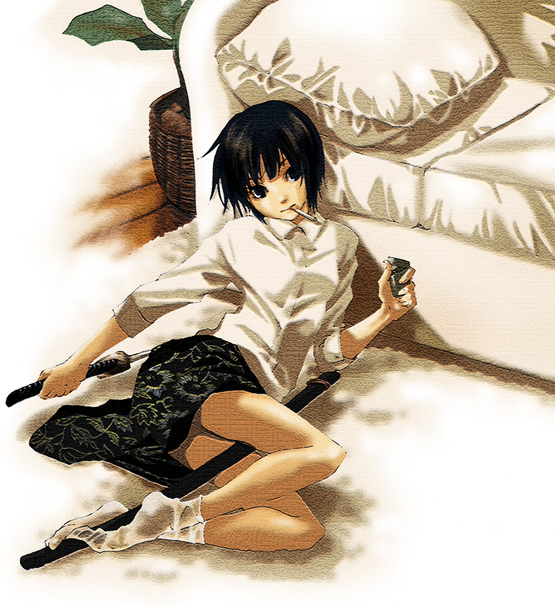 coco-nattou, coco (nattou), original, bad id, bad pixiv id, 1girl, black hair, cigarette, female focus, katana, lighter, lying, sheath, short hair, smoking, socks, solo, sword, weapon