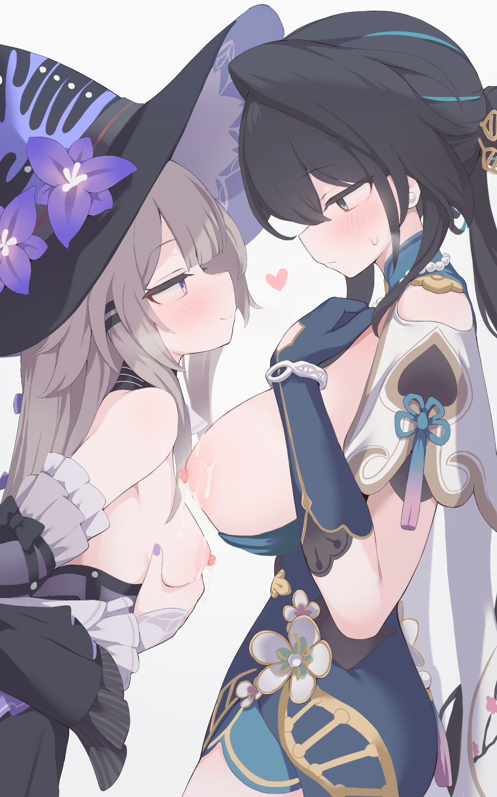 hone kawa, herta (honkai: star rail), ruan mei (honkai: star rail), the herta (honkai: star rail), honkai: star rail, honkai (series), commentary request, highres, partial commentary, variant set, 2girls, bare shoulders, black dress, black hat, blush, breasts, breasts out, brown dress, brown hair, detached collar, dress, elbow gloves, flower, gloves, gold trim, green dress, green eyes, green gloves, grey hair, hair ornament, hat, hat flower, jewelry, lactation, large breasts, long hair, multiple girls, necklace, nipples, pearl necklace, ponytail, purple eyes, sidelocks, small breasts, smile, two-tone dress, witch hat, yuri