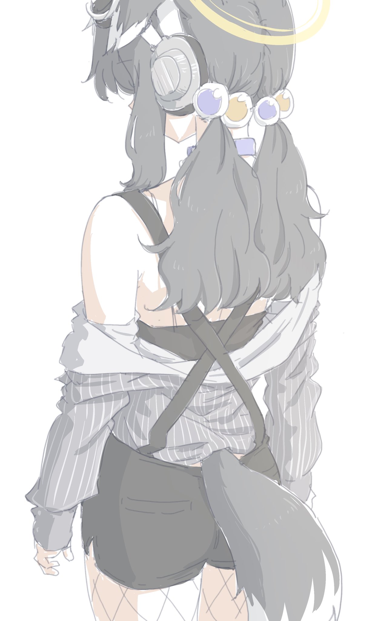 hariyaa, hibiki (blue archive), blue archive, highres, 1girl, animal ears, black hair, black shorts, dog ears, dog girl, dog tail, fishnet pantyhose, fishnets, from behind, goggles, goggles on head, hair bobbles, hair ornament, halo, headphones, long sleeves, low twintails, off shoulder, pantyhose, shorts, sidelocks, sleeves past wrists, solo, tail, twintails, white background