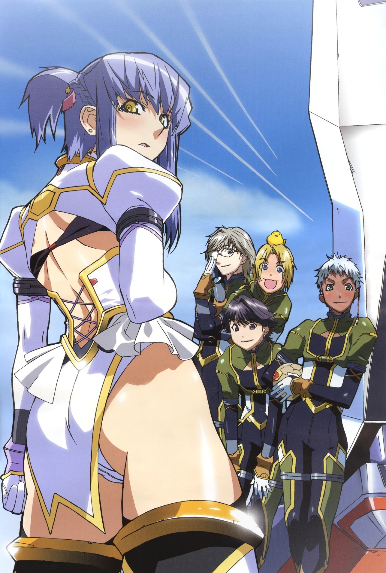 ebata risa, oobari masami, faye xin lu, choujuushin gravion, choujuushin gravion zwei, highres, official art, 00s, ass, black hair, blonde hair, blue hair, blush, cowboy shot, dark skin, grey hair, panties, underwear, white hair, yellow eyes