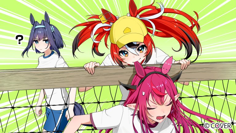 hakos baelz, irys (hololive), ouro kronii, hololive, hololive english, holopromise, biting ear, commentary request, official art, 3girls, ?, baseball cap, biting, black hair, blue eyes, blue hair, blue shorts, bright pupils, closed eyes, colored tips, copyright notice, crossed bangs, double-parted bangs, extra ears, hair between eyes, hair intakes, hat, headband, horns, horse girl, horse tail, humi kaga, multicolored hair, multiple girls, open mouth, pointy ears, purple hair, red hair, shirt, short hair, short sleeves, shorts, streaked hair, t-shirt, tail, twintails, uneven twintails, virtual youtuber, white hair, white pupils, white shirt, yellow hat