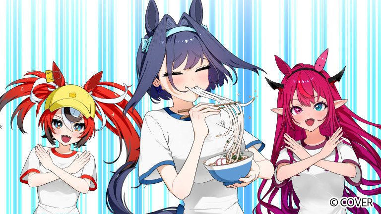 hakos baelz, irys (hololive), ouro kronii, hololive, hololive english, holopromise, commentary request, official art, 3girls, :d, baseball cap, black hair, blue eyes, blue hair, blue shorts, bowl, bright pupils, chopsticks, colored tips, copyright notice, crossed bangs, double-parted bangs, eating, extra ears, food, food in mouth, hair between eyes, hair intakes, hat, headband, heterochromia, holding, holding bowl, holding chopsticks, horns, horse girl, horse tail, humi kaga, multicolored hair, multiple girls, noodles, open mouth, pointy ears, purple eyes, purple hair, red hair, shirt, short hair, short sleeves, shorts, smile, streaked hair, t-shirt, tail, twintails, uneven twintails, virtual youtuber, white hair, white pupils, white shirt, x arms, yellow hat