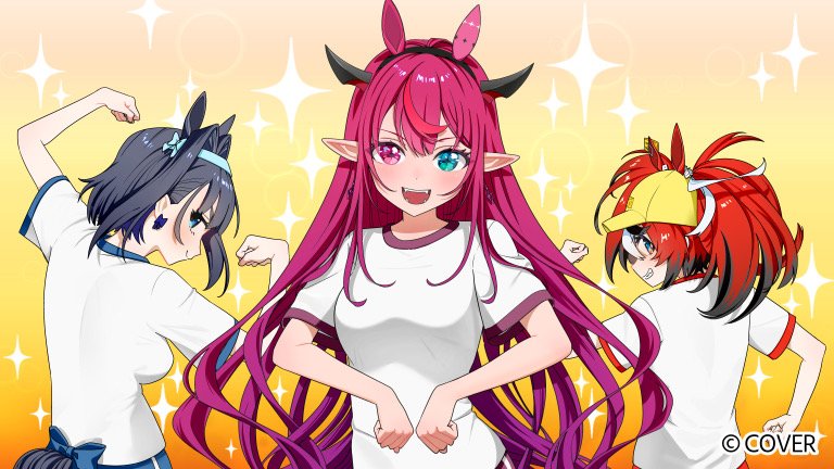 hakos baelz, irys (hololive), ouro kronii, hololive, hololive english, holopromise, commentary request, official art, 3girls, :d, baseball cap, black hair, blue eyes, blue hair, blue shorts, bright pupils, closed mouth, colored tips, copyright notice, crossed bangs, double-parted bangs, extra ears, flexing, grin, hair between eyes, hair intakes, hat, headband, horns, horse girl, horse tail, humi kaga, looking at viewer, multicolored hair, multiple girls, open mouth, pointy ears, purple hair, red hair, shirt, short hair, short sleeves, shorts, smile, streaked hair, t-shirt, tail, teeth, twintails, uneven twintails, upper teeth only, virtual youtuber, white hair, white pupils, white shirt, yellow hat