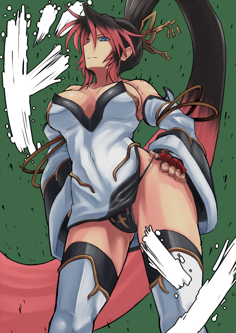 shoohee, nanbu kaguya, banpresto, super robot wars, super robot wars og saga mugen no frontier, 1girl, black panties, breasts, cleavage, dress, female focus, large breasts, panties, ponytail, sideboob, solo, strapless, strapless dress, thighhighs, underwear, white thighhighs