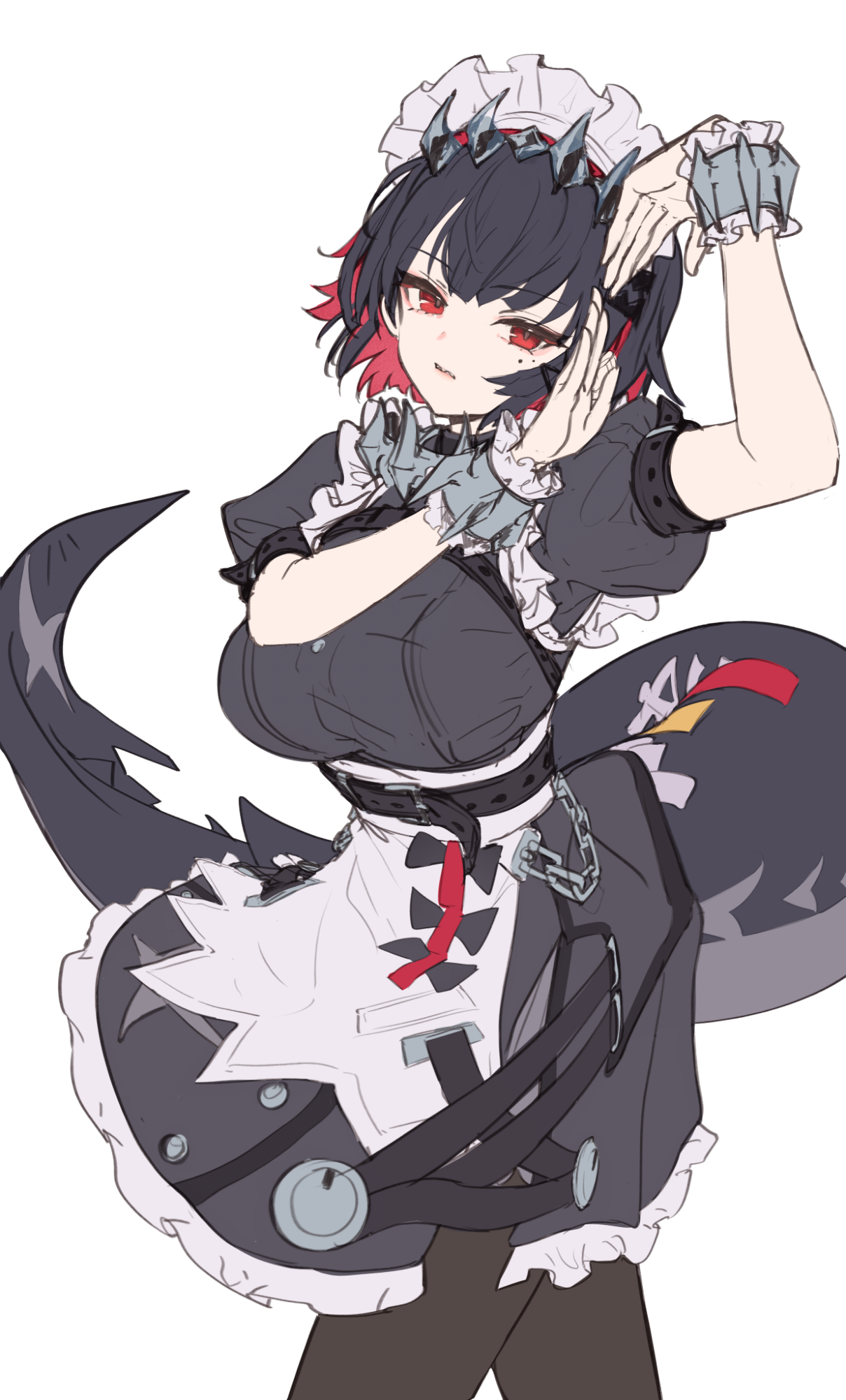 makihitsuji, ellen joe, zenless zone zero, commentary, highres, unfinished, 1girl, apron, arm up, belt, black belt, black hair, breasts, brown pantyhose, chain, colored inner hair, cowboy shot, fins, fish tail, frilled cuffs, hairband, hand up, large breasts, looking at viewer, maid, maid headdress, metal hairband, mole, mole under eye, multicolored hair, pantyhose, puffy short sleeves, puffy sleeves, red eyes, shark girl, shark tail, sharp teeth, short hair, short sleeves, simple background, sketch, solo, spiked hairband, spikes, tail, teeth, waist apron, white apron, white background, white headdress, wrist cuffs
