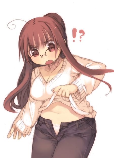 kashiwamochi yomogi, arima senne, original, 1girl, ahoge, breasts, brown hair, female focus, glasses, large breasts, midriff, open fly, panties, plump, solo, sweater, underwear, unzipped, weight conscious