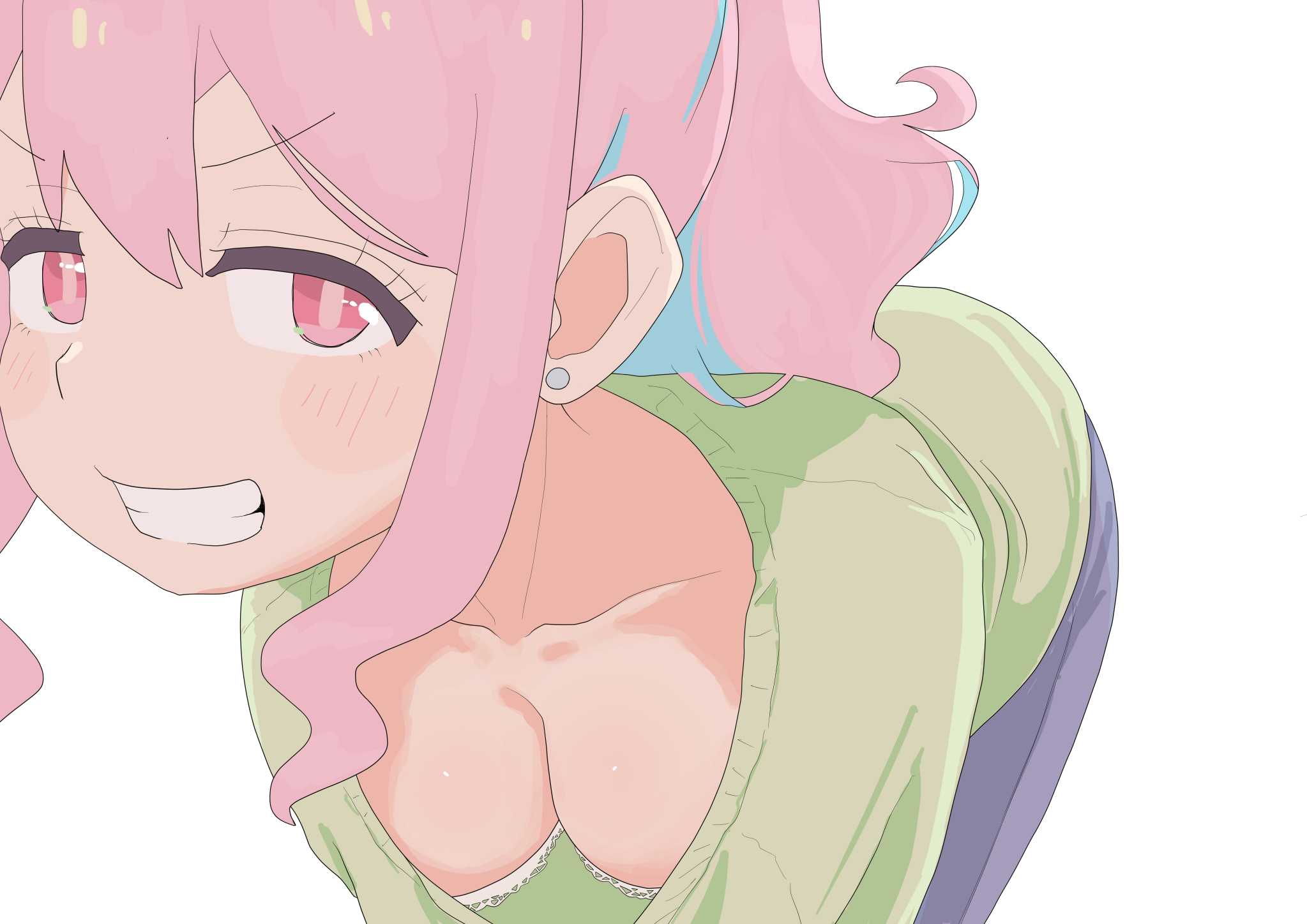 dainaru, hozuki kaede, onii-chan wa oshimai!, 1girl, blue hair, blush, bra, breasts, cleavage, downblouse, earrings, grin, hanging breasts, jewelry, large breasts, leaning forward, looking at viewer, multicolored hair, parted lips, pink hair, ponytail, red eyes, short hair, simple background, smile, solo, stud earrings, teeth, underwear, white background