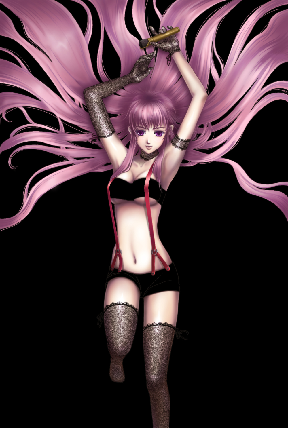 ouka mai, sheryl nome, macross, macross frontier, bad id, bad pixiv id, highres, 00s, armpits, arms up, choker, elbow gloves, gloves, long hair, lying, microphone, midriff, navel, purple eyes, purple hair, shorts, solo, suspenders, thighhighs