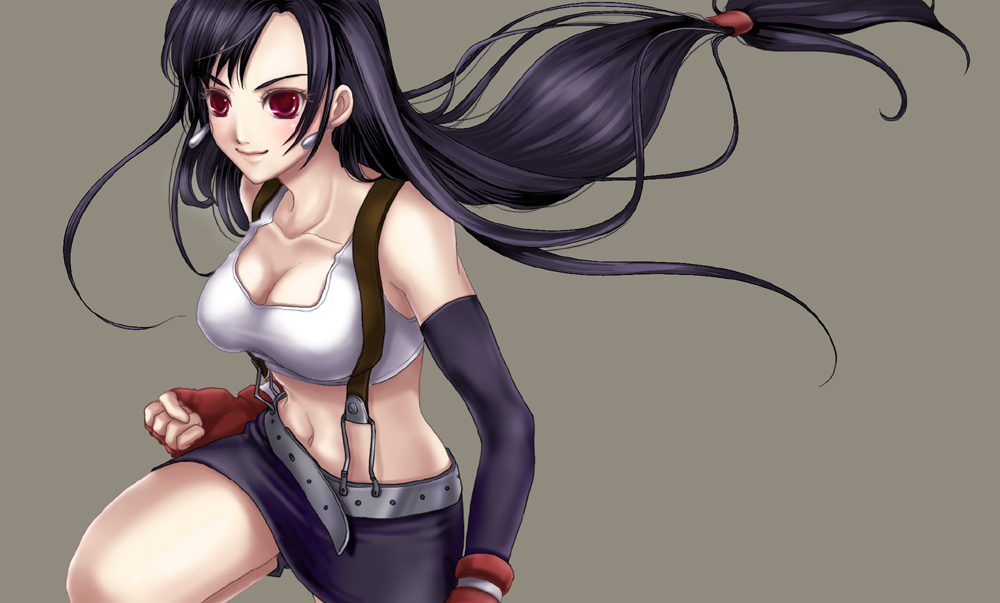 ouka mai, tifa lockhart, final fantasy, final fantasy vii, bad id, bad pixiv id, 1990s (style), 1girl, belt, black hair, breasts, cleavage, clenched hand, earrings, elbow gloves, female focus, fingerless gloves, gloves, jewelry, large breasts, long hair, low-tied long hair, midriff, miniskirt, navel, pencil skirt, red eyes, retro artstyle, skirt, solo, suspender skirt, suspenders