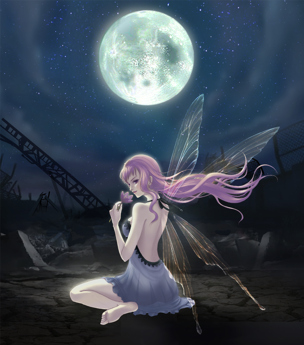 ouka mai, sheryl nome, macross, macross frontier, bad id, bad pixiv id, 00s, back, barefoot, cloud, dress, fairy, feet, flower, halterneck, kneeling, long hair, looking back, moon, night, night sky, purple eyes, purple flower, purple hair, purple tulip, ruins, sitting, sky, smelling, smelling flower, soles, solo, star (sky), star (symbol), starry sky, toes, tulip, wind, wings