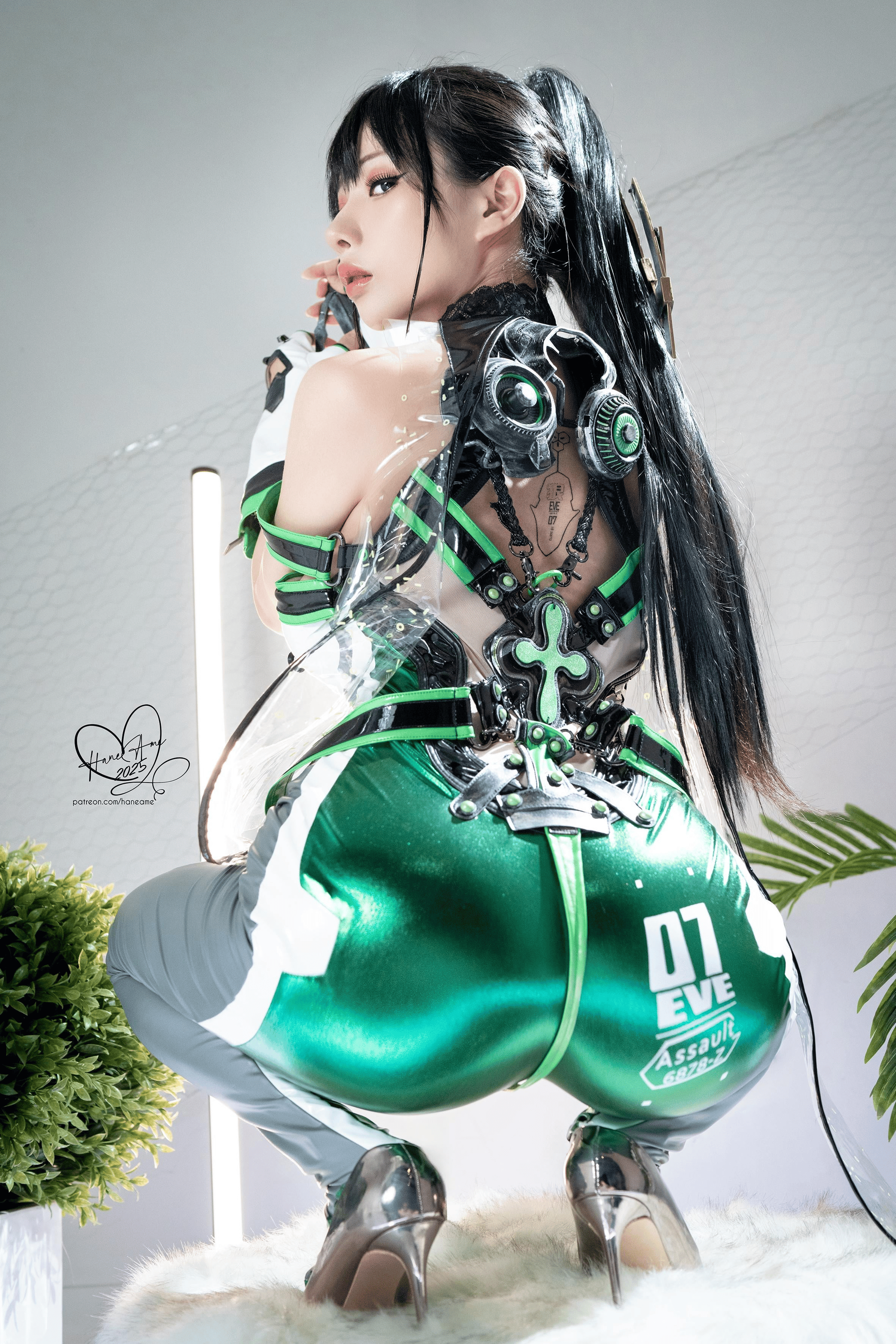 hane ame, eve (stellar blade), real life, stellar blade, cosplay photo, photo (medium), 1girl, ass, black hair, cosplay, eve (stellar blade) (cosplay), female focus, long hair, planet diving suit (7th) (stellar blade), ponytail, solo
