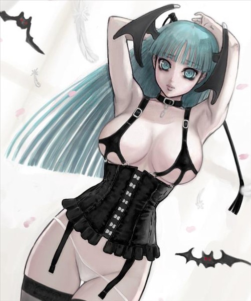 ark (morita hitomi), morrigan aensland, capcom, darkstalkers, aqua eyes, aqua hair, bat (animal), breasts, choker, corset, garter belt, head wings, leather, lingerie, panties, pantyhose, riding crop, sideboob, underwear, wings