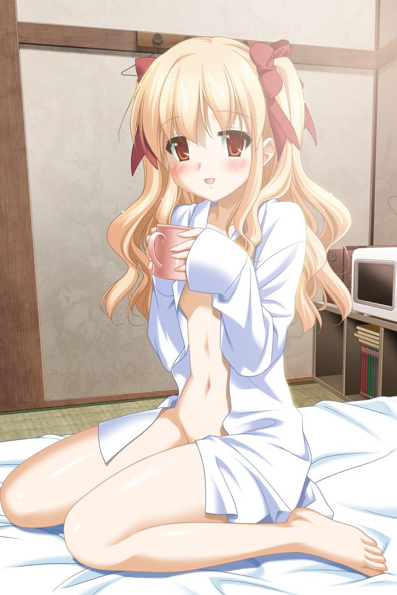 kani biimu, odajima mayu, aki no urara no akane-iro shoutengai, game cg, highres, 1girl, :d, barefoot, blonde hair, blush, bottomless, cup, feet, female focus, hair ribbon, happy, long hair, mug, naked shirt, no bra, open clothes, open mouth, open shirt, red eyes, ribbon, shirt, smile, solo, twintails, two side up