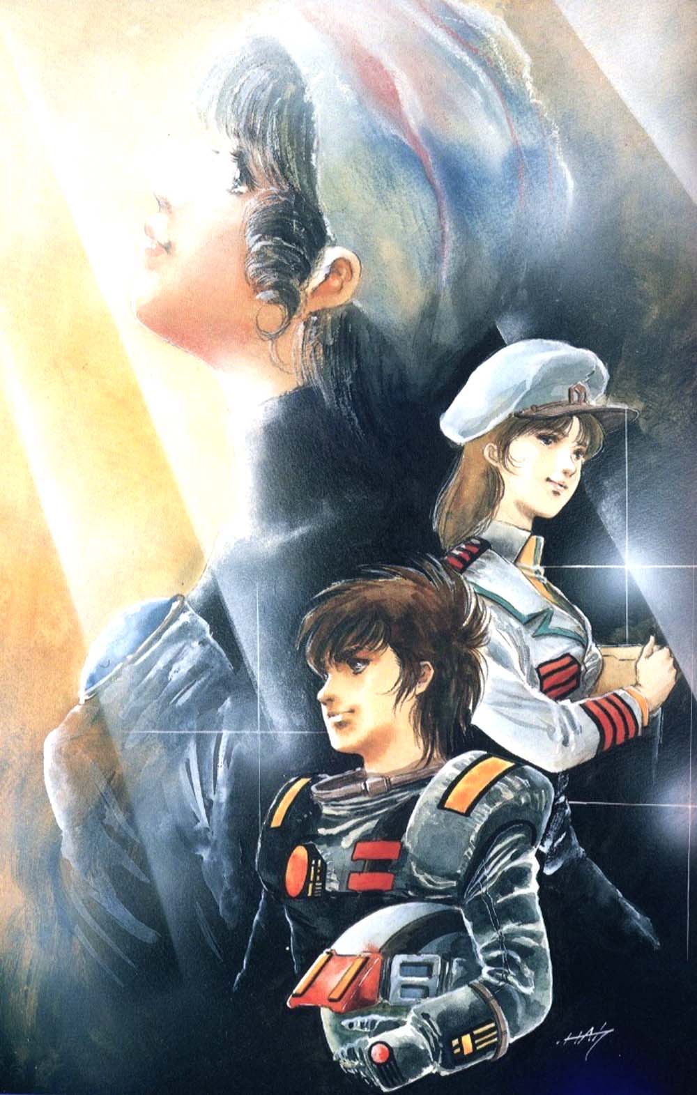 mikimoto haruhiko, hayase misa, ichijou hikaru, lynn minmay, choujikuu yousai macross, choujikuu yousai macross flashback 2012, macross, macross flashback 2012, pilot suit, 1980s (style), highres, official art, promotional art, traditional media, 1boy, 2girls, armor, black hair, brown hair, drill hair, hat, helmet, long hair, military, military uniform, multiple girls, oldschool, retro artstyle, science fiction, shoulder pads, signature, spacesuit, u.n. spacy