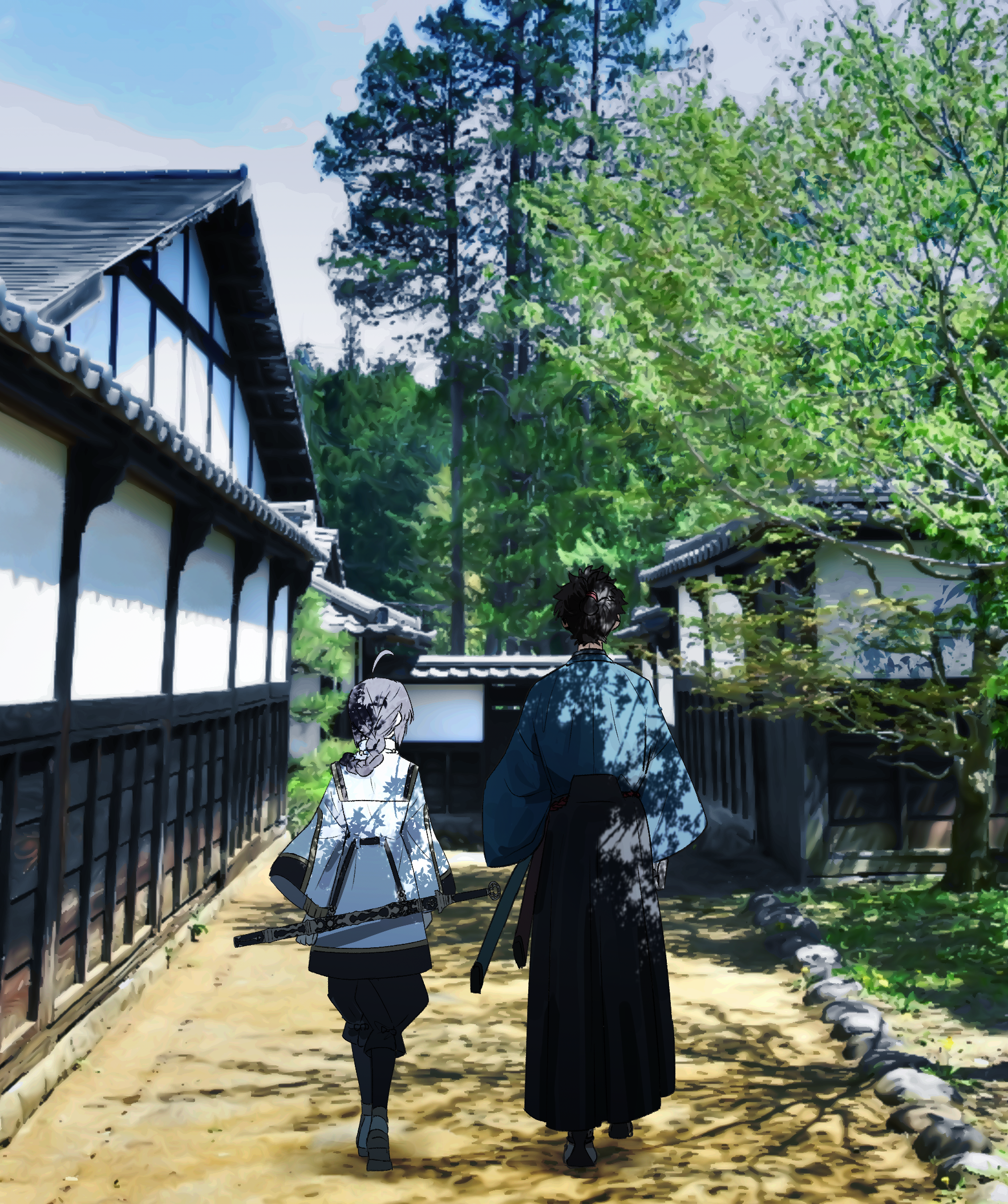 ninjin (ne f g o), miyamoto iori (fate), yamato takeru (fate), fate/samurai remnant, fate (series), commentary request, highres, 1boy, 1other, ahoge, black hair, blue kimono, dappled sunlight, day, from behind, hakama, japanese clothes, kimono, long sleeves, outdoors, photo background, sunlight, sword, sword on back, walking, weapon, weapon on back