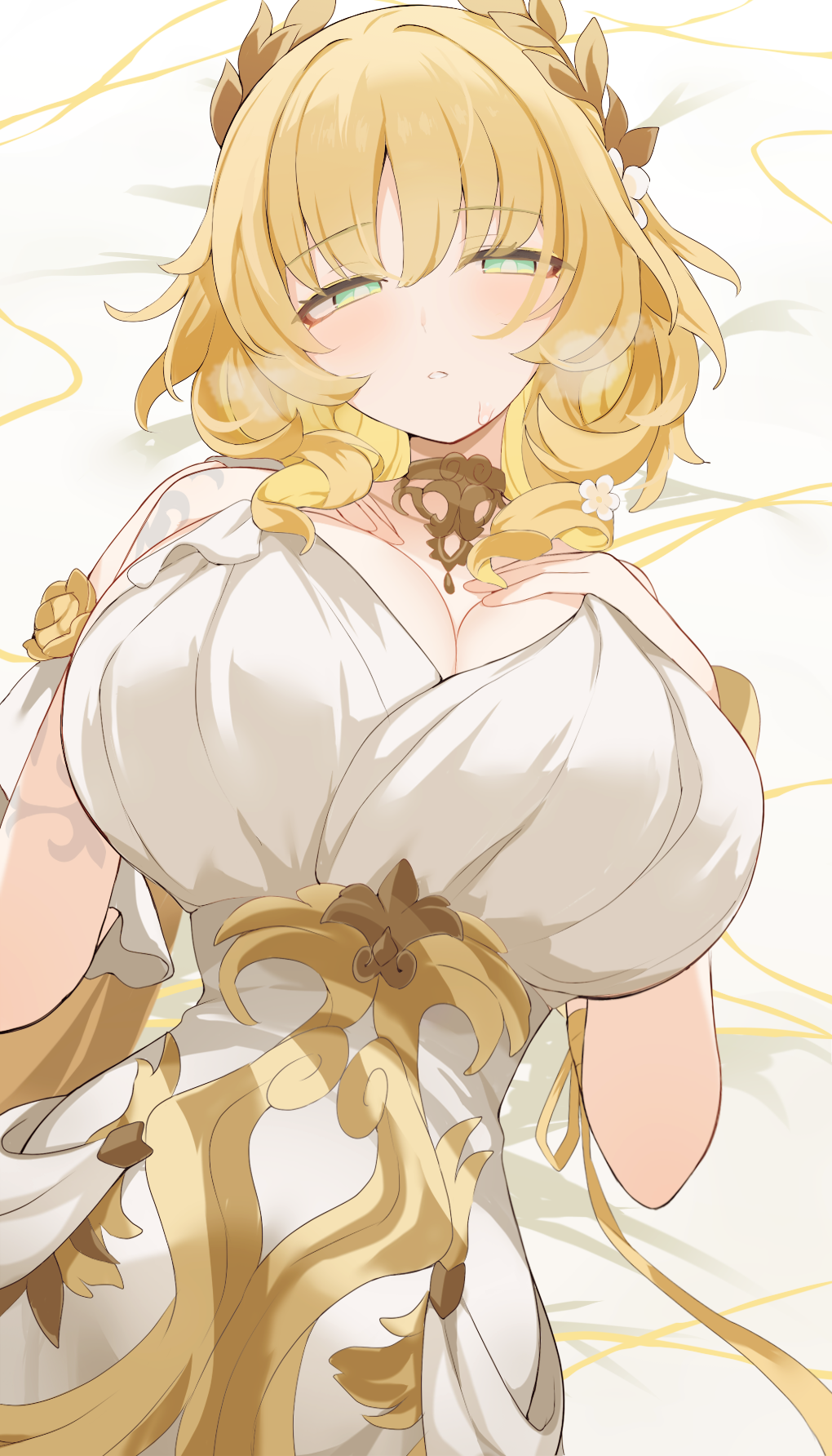 hone kawa, aglaea (honkai: star rail), honkai: star rail, honkai (series), commentary request, highres, partial commentary, revision, variant set, 1girl, blonde hair, breasts, dress, green eyes, hair ornament, large breasts, looking at viewer, lying, on back, short hair, sleeveless, sleeveless dress, solo, white dress