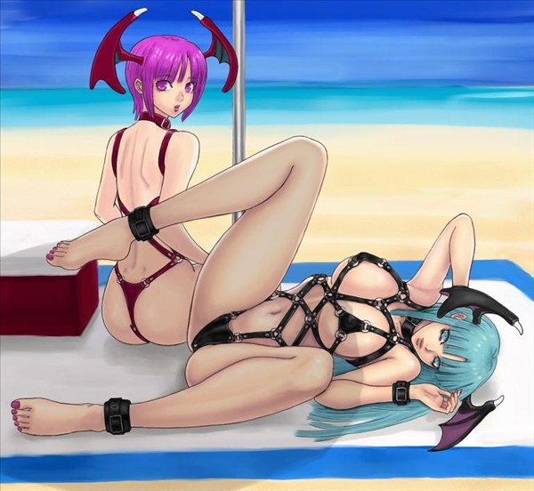 lilith (darkstalkers), morrigan aensland, bdsm, bondage, breasts, feet, slave