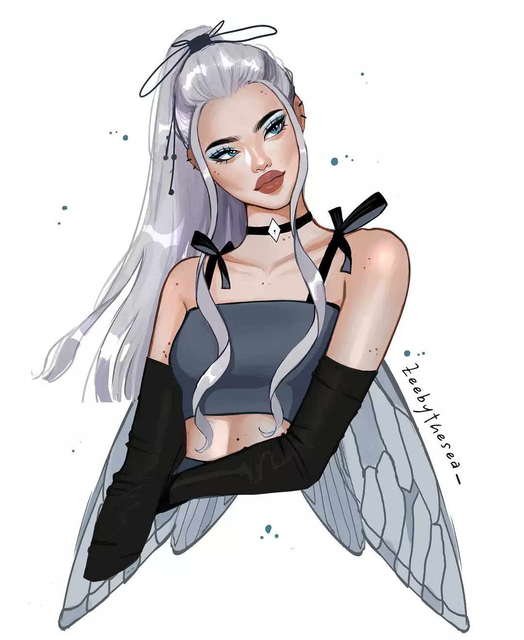 zeebythesea, icy (winx club), winx club, highres, 1girl, alternate costume, artist name, black choker, black gloves, blue eyes, blue eyeshadow, choker, closed mouth, cropped torso, diamond choker, dragonfly wings, ear piercing, elbow gloves, elbow on arm, eyelashes, eyeshadow, fairy, fashion, forehead, gloves, grey shirt, hair slicked back, head tilt, high ponytail, long hair, long sidelocks, looking to the side, makeup, mole, mole on arm, mole on cheek, mole on chest, mole on forehead, mole on neck, mole on stomach, multiple moles, piercing, ponytail, shirt, sidelocks, strapless, thick eyebrows, thick lips, thigh strap, tube top, upper body, white background, white hair