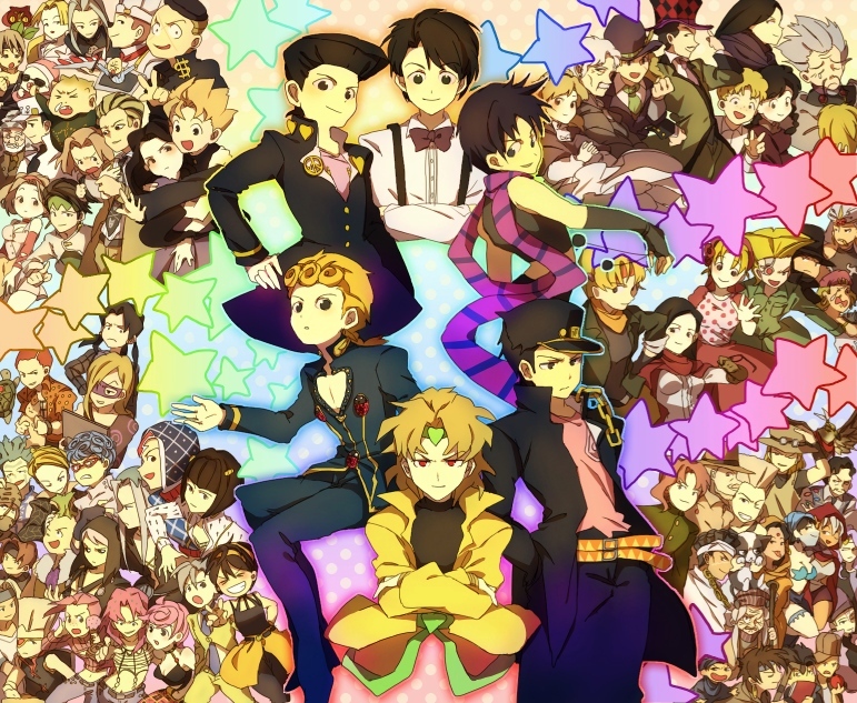 ai mizu, emi, emi (emi43), arnold (jojo), boingo, bruno bucciarati, caesar anthonio zeppeli, cioccolata, coco jumbo, daniel j. d'arby, diavolo, dio brando, enya geil, erina pendleton, esidisi, formaggio, fugo pannacotta, george joestar, ghiaccio, giorno giovanna, guido mista, hazekura mikitaka, higashikata josuke, hirose koichi, hol horse, iggy (jojo), illuso, jean pierre polnareff, jonathan joestar, joseph joestar, joseph joestar (old), joseph joestar (young), kakyoin noriaki, kars (jojo), kawajiri hayato, kira yoshihiro, kira yoshikage, kishibe rohan, kuujou joutarou, leone abbacchio, lisa lisa, mariah (jojo), melone, midler, mohammed avdol, n'doul, narancia ghirga, nena (jojo), nijimura okuyasu, oasis (stand), oingo, oyanagi ken, pannacotta fugo, pesci, pet shop, poco's sister, poco (jojo), prosciutto (jojo), risotto nero, robert e. o. speedwagon, rudolph von stroheim, secco, shizuka joestar, squalo, straights, straizo, stray cat (jojo), sugimoto reimi, suzi q, terence t. d'arby, tiziano, tonio trussardi, trish una, tsuji aya, vanilla ice, vinegar doppio, wamuu, wang chan, will anthonio zeppeli, yamagishi yukako, yangu shigekiyo, battle tendency, diamond is not crash, diamond wa kudakenai, jojo no kimyou na bouken, phantom blood, stardust crusaders, vento aureo, fur, annotated, annotation request, bad id, bad pixiv id, > <, 6+boys, 6+girls, absolutely everyone, age difference, armband, arrow (jojo), arrow (projectile), baby, bare shoulders, beard, belt, bird, black eyes, black hair, blind, blonde hair, blue hair, blush, bodysuit, book, bow, bowtie, braid, breasts, brown eyes, brown hair, cane, cape, cat, chain, chef, chef hat, child, cleavage, cleavage cutout, closed eyes, clothing cutout, computer, crossed arms, cyborg, dancer, dark-skinned male, dark skin, dog, dress, dual persona, earrings, erba gatta, everyone, eyepatch, facial hair, fat, fat man, father and son, feathers, fingerless gloves, food, formal clothes, freckles, frown, gakuran, ghost, glasses, gloves, goggles, grandchild, green hair, grey eyes, grey hair, grin, hair ornament, hairband, hairclip, hand in pocket, hat, headband, heart, helmet, hood, hug, ice cream, jacket, jewelry, laptop, large breasts, long coat, long hair, mask, medium breasts, midriff, multiple boys, multiple girls, multiple persona, mustache, navel, necktie, old, old man, one eye closed, open mouth, orange hair, pants, peaked cap, photo (object), pink hair, plant, pointing, polka dot, pompadour, ponytail, quad tails, rainbow background, red eyes, red hair, robe, scar, scarf, school uniform, serafuku, severed head, shirt, short hair, skirt, sleeveless, smile, snot, spiked hair, staff, stand (jojo), star (symbol), striped clothes, striped scarf, suit, suspenders, sweatdrop, tears, teeth, tongue, top hat, traditional bowtie, turtle, twin braids, v, vampire, victory rolls, waving, wheelchair, white hair, wink, wristband