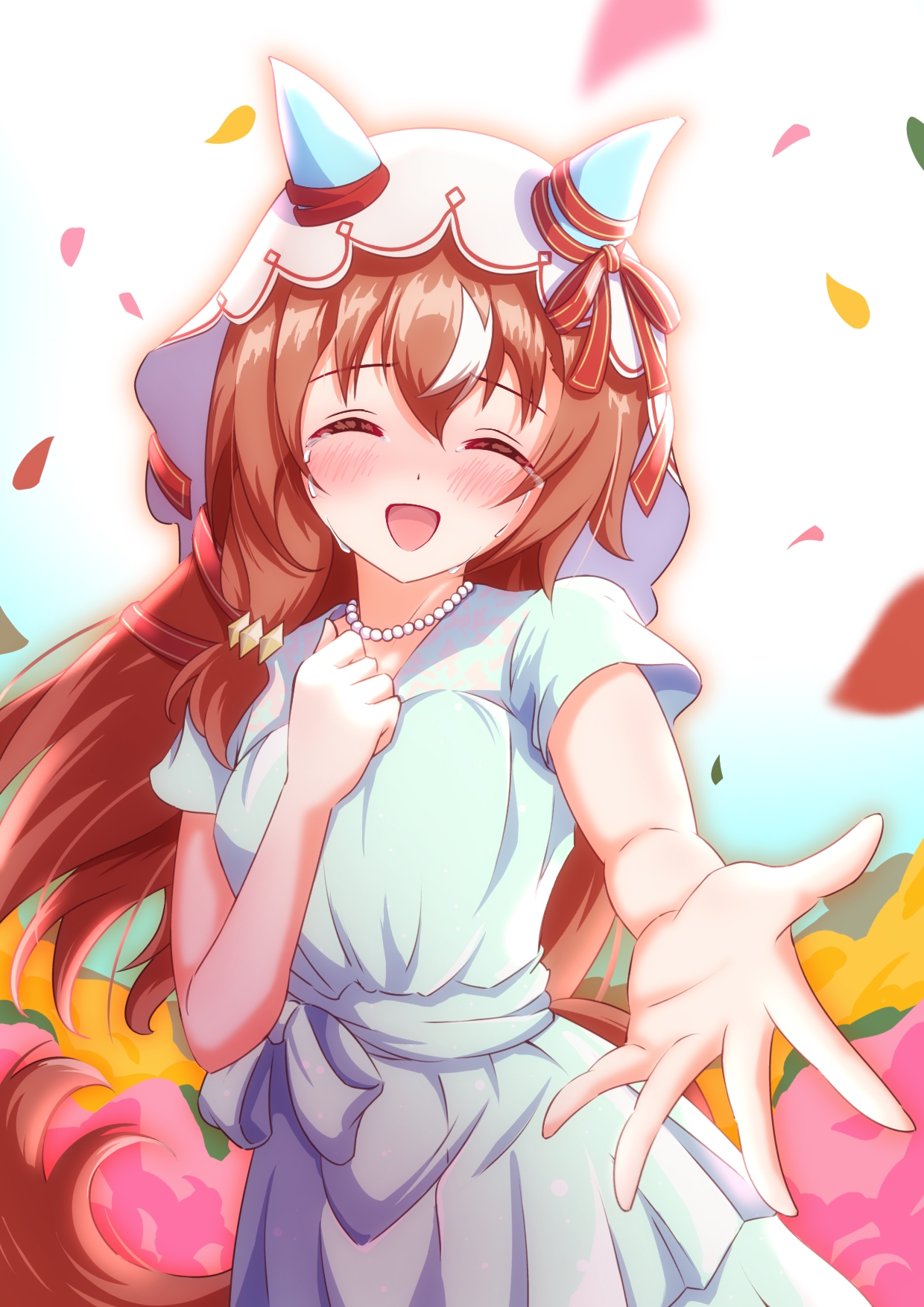 mokichi3356, still in love (umamusume), umamusume, commentary, english commentary, highres, 1girl, alternate costume, animal ears, blush, brown hair, collarbone, crying, dress, flower, hair between eyes, hair ornament, horse ears, horse girl, jewelry, long hair, necklace, open mouth, petals, reaching, reaching towards viewer, solo, veil, white background