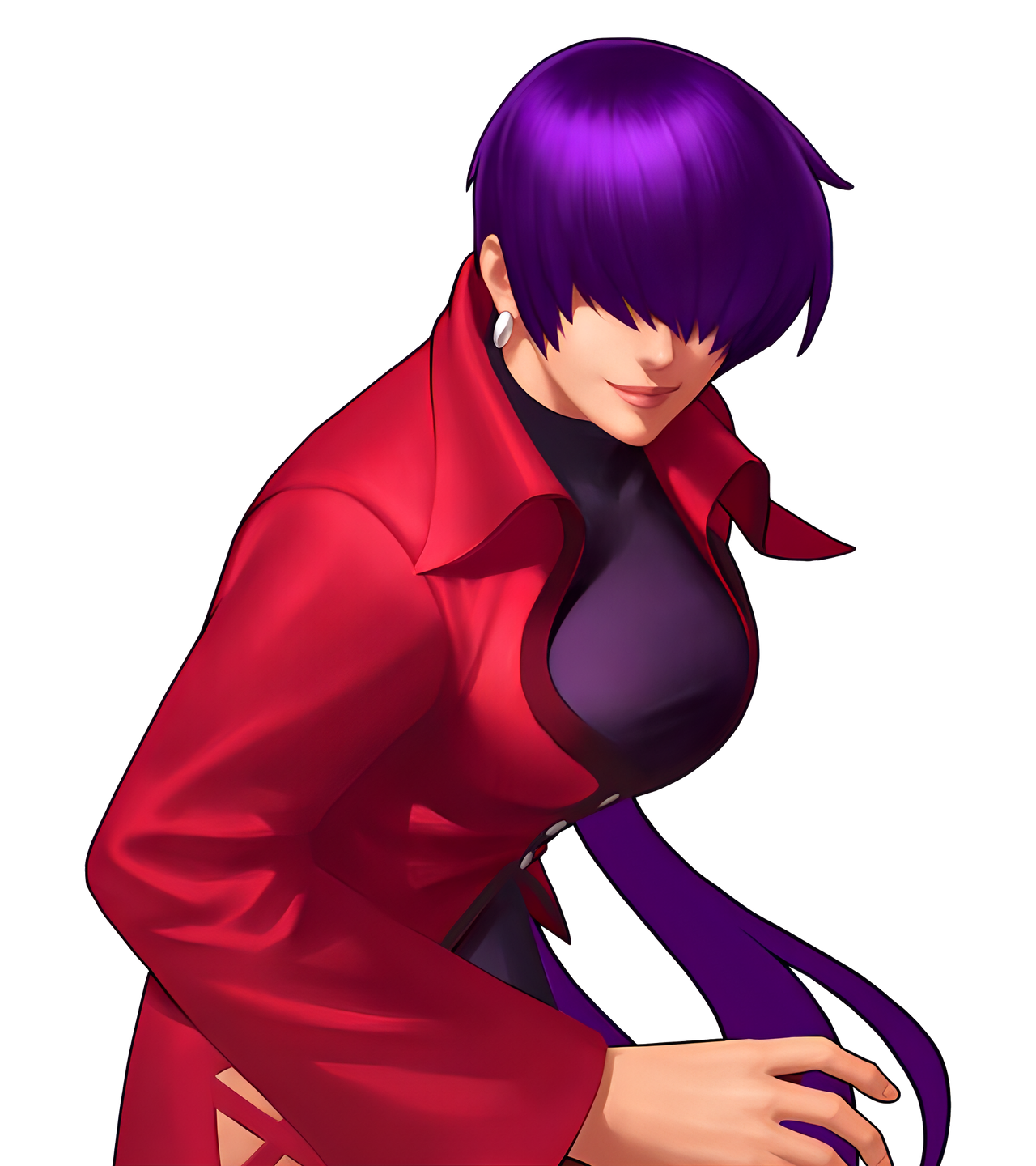 orochi shermie, shermie (kof), the king of fighters, 1girl, breasts, clothing cutout, dress, earrings, jewelry, jlcryu, large breasts, long hair, long sleeves, ponytail, purple hair, smile, thighs, twintails