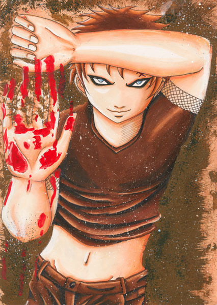 oshodani, gaara (naruto), naruto (classic), naruto (series), 1boy, blood, blue eyes, male focus, navel, red hair, sand, solo, tattoo