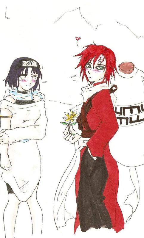 divine-nataku, gaara (naruto), hyuuga hinata, naruto (classic), naruto (series), arm grab, looking away, marker (medium), traditional media, 1boy, 1girl, armlet, asymmetrical clothes, bare shoulders, bike shorts, black hair, blush, couple, dress, embarrassed, empty eyes, facial mark, fishnets, flower, forehead mark, gift, green eyes, hand in pocket, headband, heart, hetero, japanese clothes, jar, jewelry, ninja, poorly drawn, profile, red hair, sash, scarf, short dress, short hair, smile, spiked hair, standing, turtleneck, white eyes