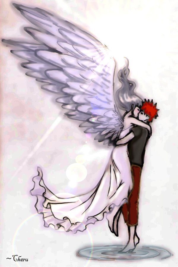 charu-san, gaara (naruto), hyuuga hinata, naruto (classic), naruto (series), third-party edit, 1boy, 1girl, alternate costume, angel, angel wings, back, barefoot, blunt bangs, blush, capri pants, closed eyes, couple, dress, feet, frills, grey hair, hetero, holding, hug, kiss, lens flare, long hair, pants, profile, red hair, shirt, short hair, signature, spiked hair, standing, t-shirt, tiptoes, water, wings