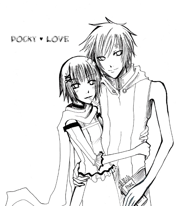 gaara (naruto), hyuuga hinata, naruto (classic), naruto (series), 1boy, 1girl, blush, choker, couple, detached sleeves, eating, empty eyes, facial mark, flat chest, food, forehead mark, frills, greyscale, hair ornament, hairclip, heart, hetero, hood, hoodie, hug, looking at viewer, monochrome, mouth hold, pocky, scarf, shirt, short hair, simple background, skirt, sleeveless, sleeveless shirt, smile, spiked hair, turtleneck, zipper