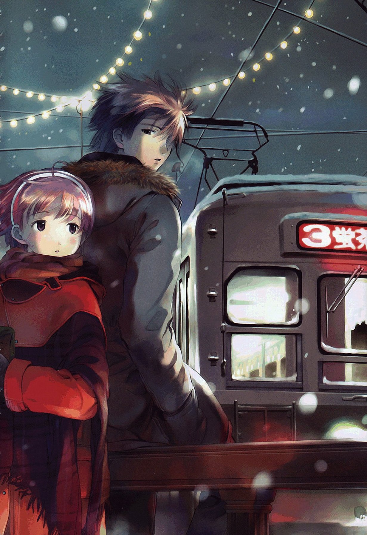 kikuchi yume, mahou tsukai ni taisetsu na koto, highres, scan, 00s, 1boy, 1girl, couple, hetero, multiple unit train, snow, train, winter