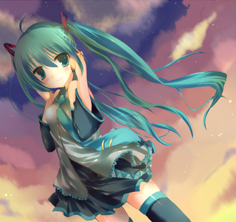 kinoko (hkn), knk, hatsune miku, vocaloid, ahoge, green hair, long hair, skirt, solo, thighhighs, twintails, very long hair, zettai ryouiki