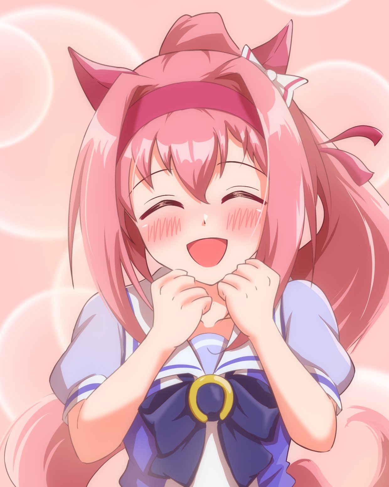 mokichi3356, haru urara (umamusume), umamusume, highres, 1girl, animal ears, blush, breasts, hair between eyes, hair ornament, hairband, horse ears, horse girl, long hair, open mouth, pink hair, ponytail, portrait, ribbon, school uniform, simple background, small breasts, solo, tracen school uniform