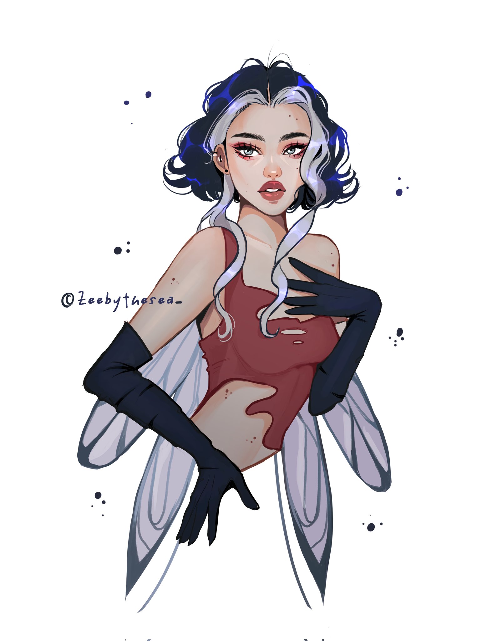 zeebythesea, stormy (winx club), winx club, highres, 1girl, alternate costume, asymmetrical shirt, blue hair, bob cut, bug, crop top, cropped torso, dragonfly, ear piercing, earrings, eyelashes, eyeshadow, fairy, fashion, forehead, grey eyes, hair behind ear, hair over shoulder, hand on own chest, hand on own hip, insect, jewelry, looking to the side, makeup, mole, mole on arm, mole on cheek, mole on forehead, mole on stomach, multiple moles, parted lips, piercing, red eyeshadow, red shirt, shirt, short hair, single strap, stud earrings, thick eyebrows, thick lips, tight clothes, tight shirt, torn clothes, torn shirt, twitter username, upper body, wavy hair, white background, white streaks