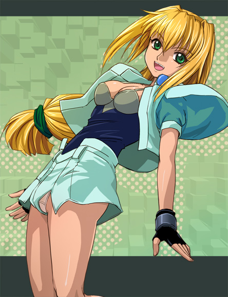 haruyama kazunori, excel, excel saga, 1990s (style), 1girl, blonde hair, female focus, fingerless gloves, gloves, green eyes, long hair, low-tied long hair, panties, retro artstyle, solo, underwear, upshorts
