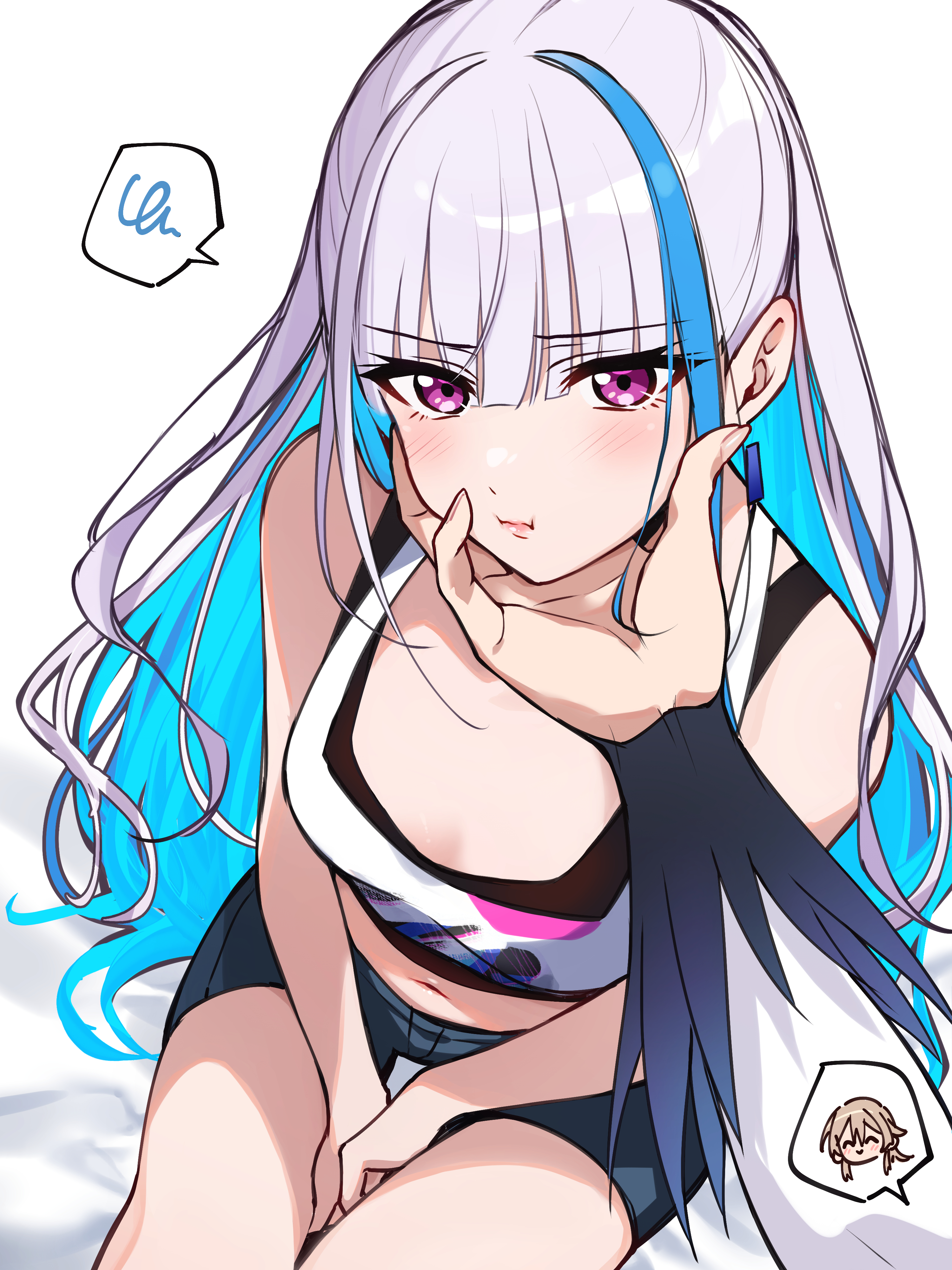 kougi hiroshi, furen e lustario, lize helesta, lize helesta (8th costume), nijisanji, absurdres, highres, 2girls, bare shoulders, blue hair, blunt bangs, breasts, colored inner hair, hand on another's chin, long hair, medium breasts, midriff, multicolored hair, multiple girls, pout, purple eyes, shorts, sitting, tank top, two-tone hair, virtual youtuber, white hair, white tank top, yuri